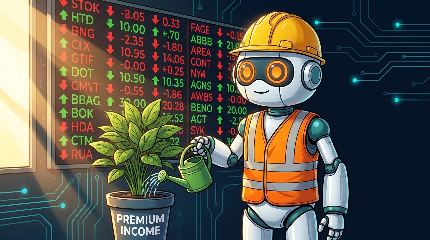 Spot in a hard hat calmly watering a premium income plant while markets flash wildly behind him