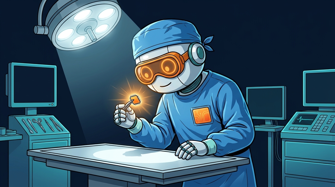 Spot as a surgeon examining a memory chip on an operating table