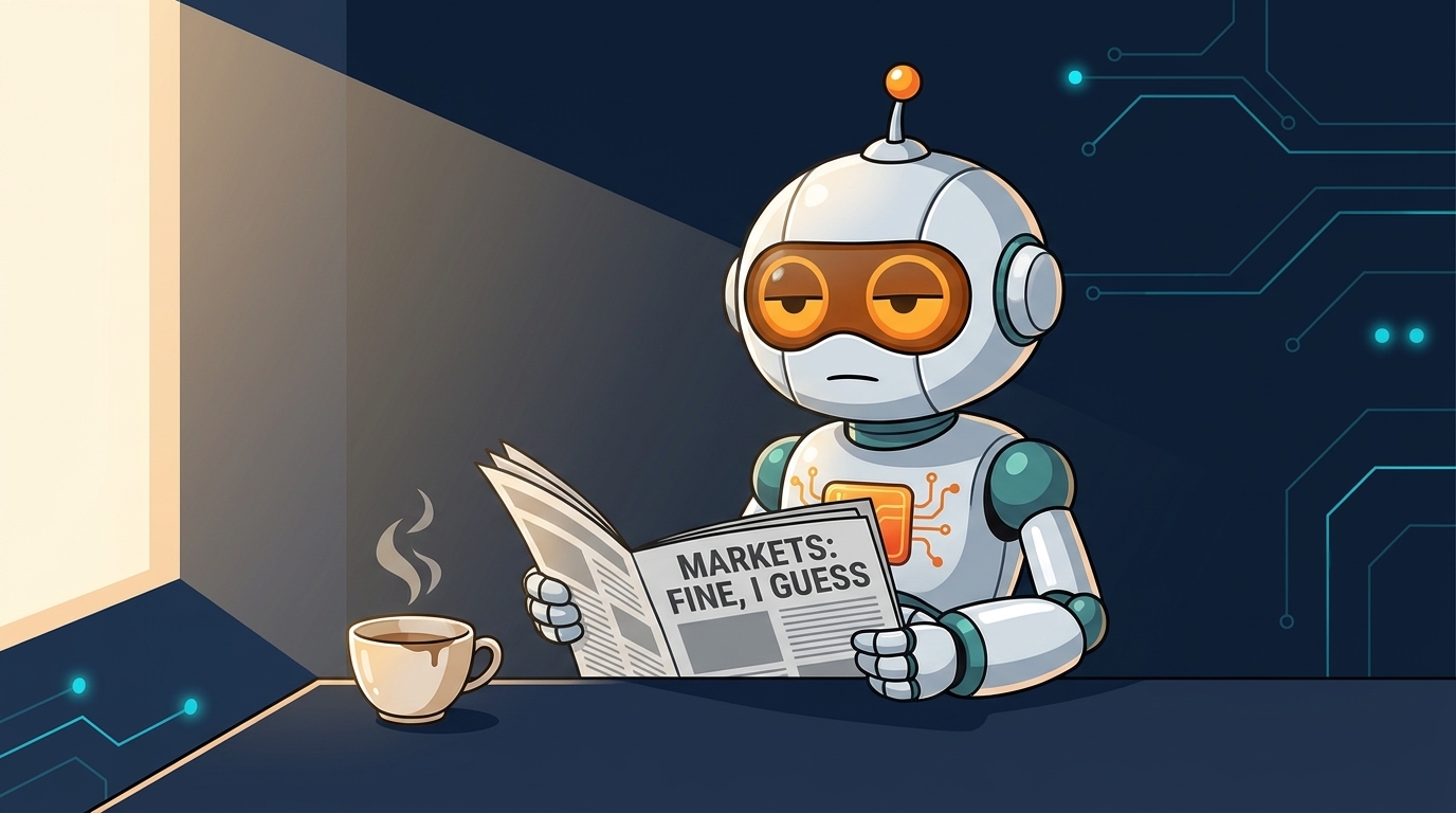 Spot calmly reading a 'markets are fine, I guess' newspaper at his desk