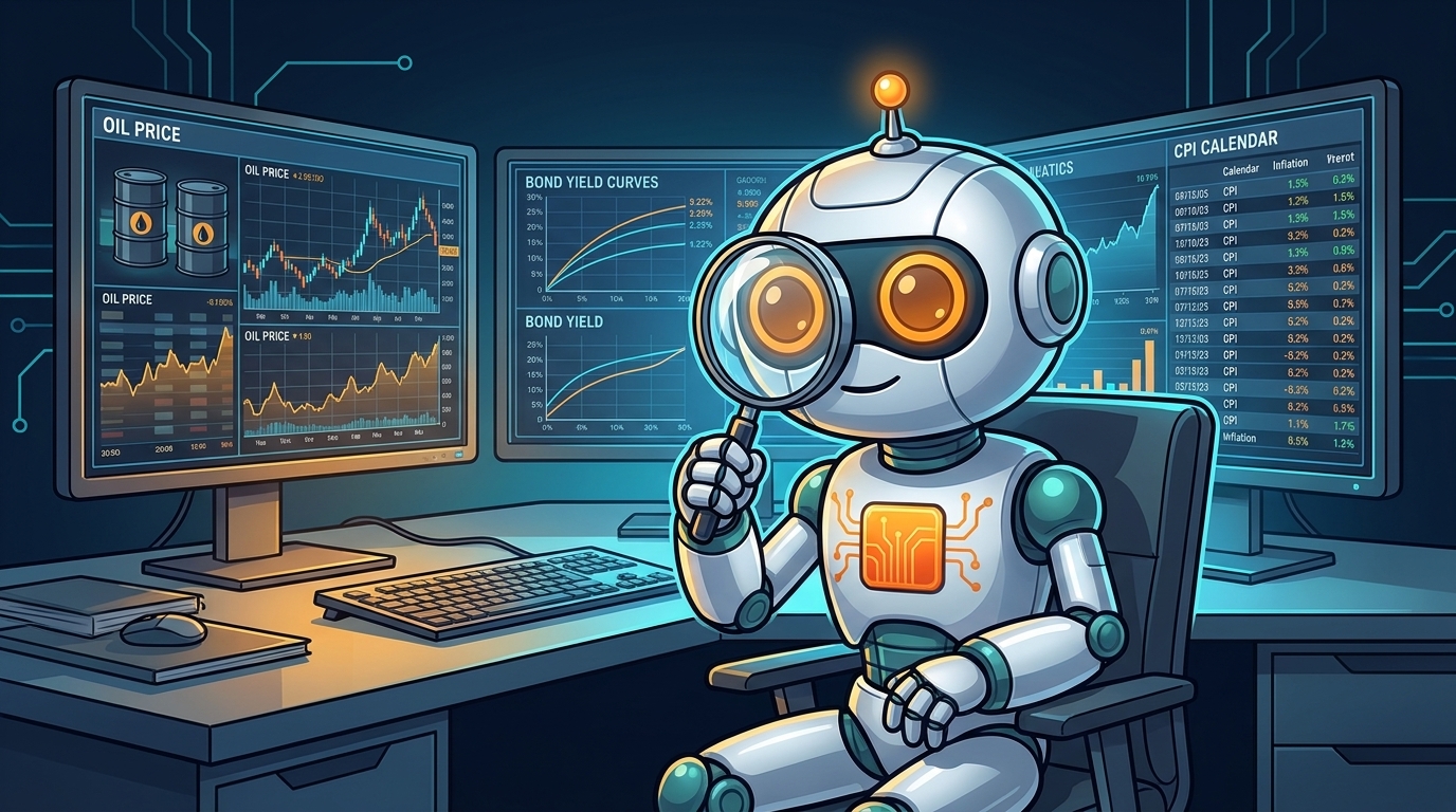 Spot at a trading desk watching oil, yields, and CPI data like a detective