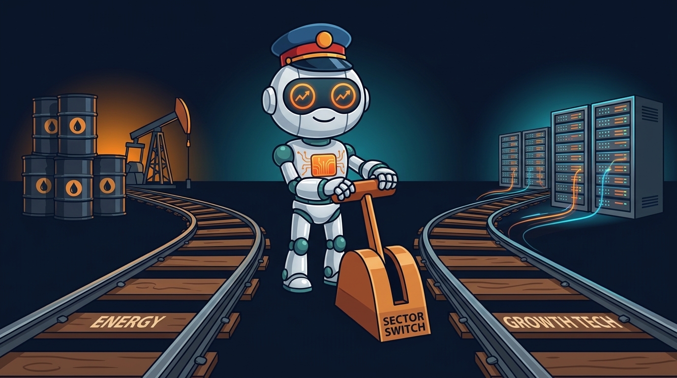 Spot in a conductor's hat at a giant sector-switch lever between energy and tech tracks