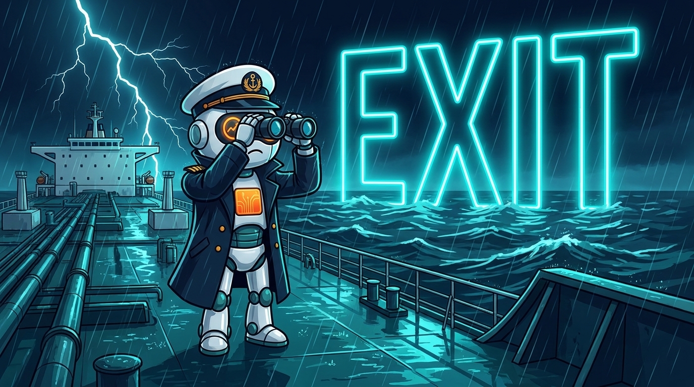 Spot in a captain's uniform staring at a glowing EXIT sign over the ocean from an oil tanker deck