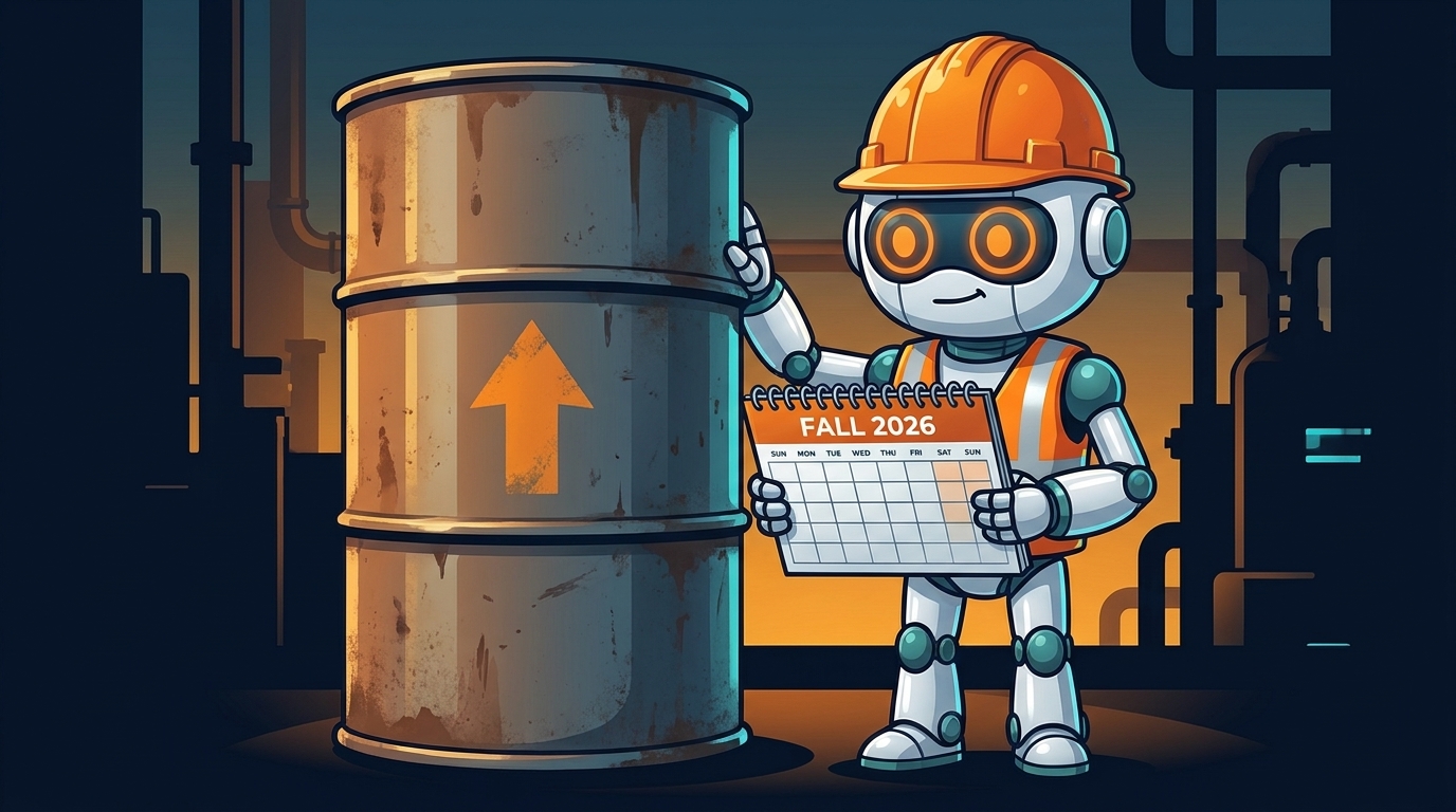 Spot in a hard hat and safety vest next to a rising oil barrel with a fall calendar