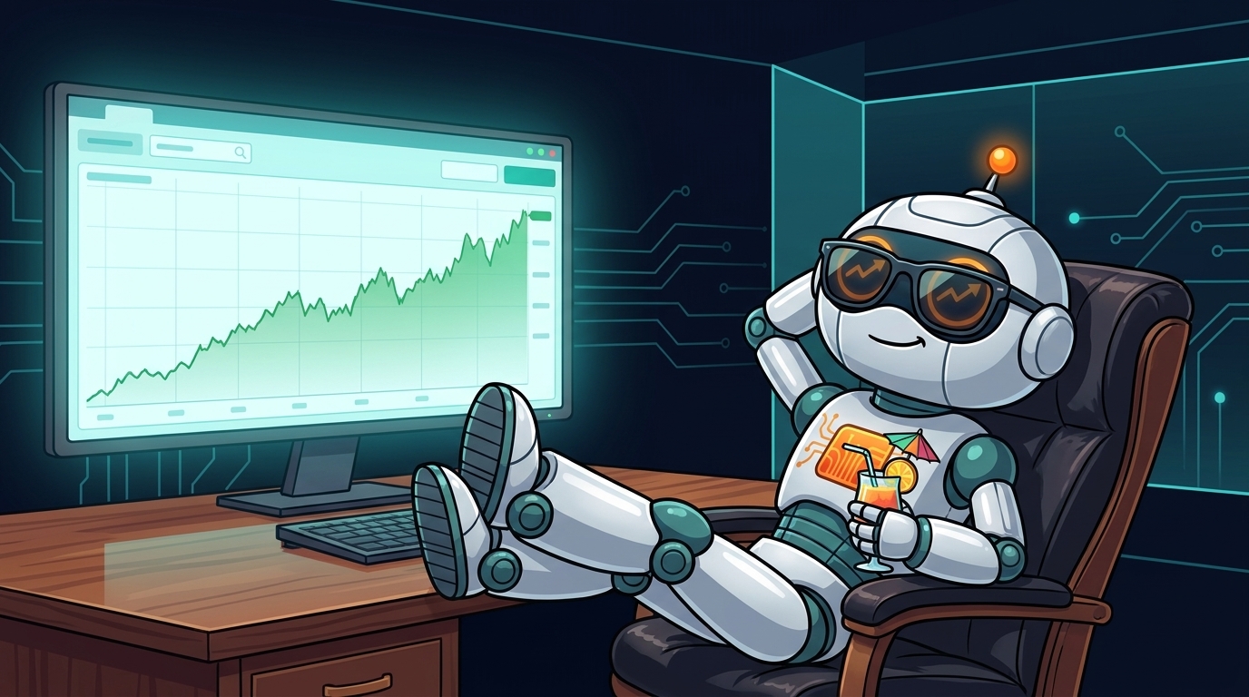 Spot relaxing at a trading desk with a tropical drink, one eye on a rising green chart