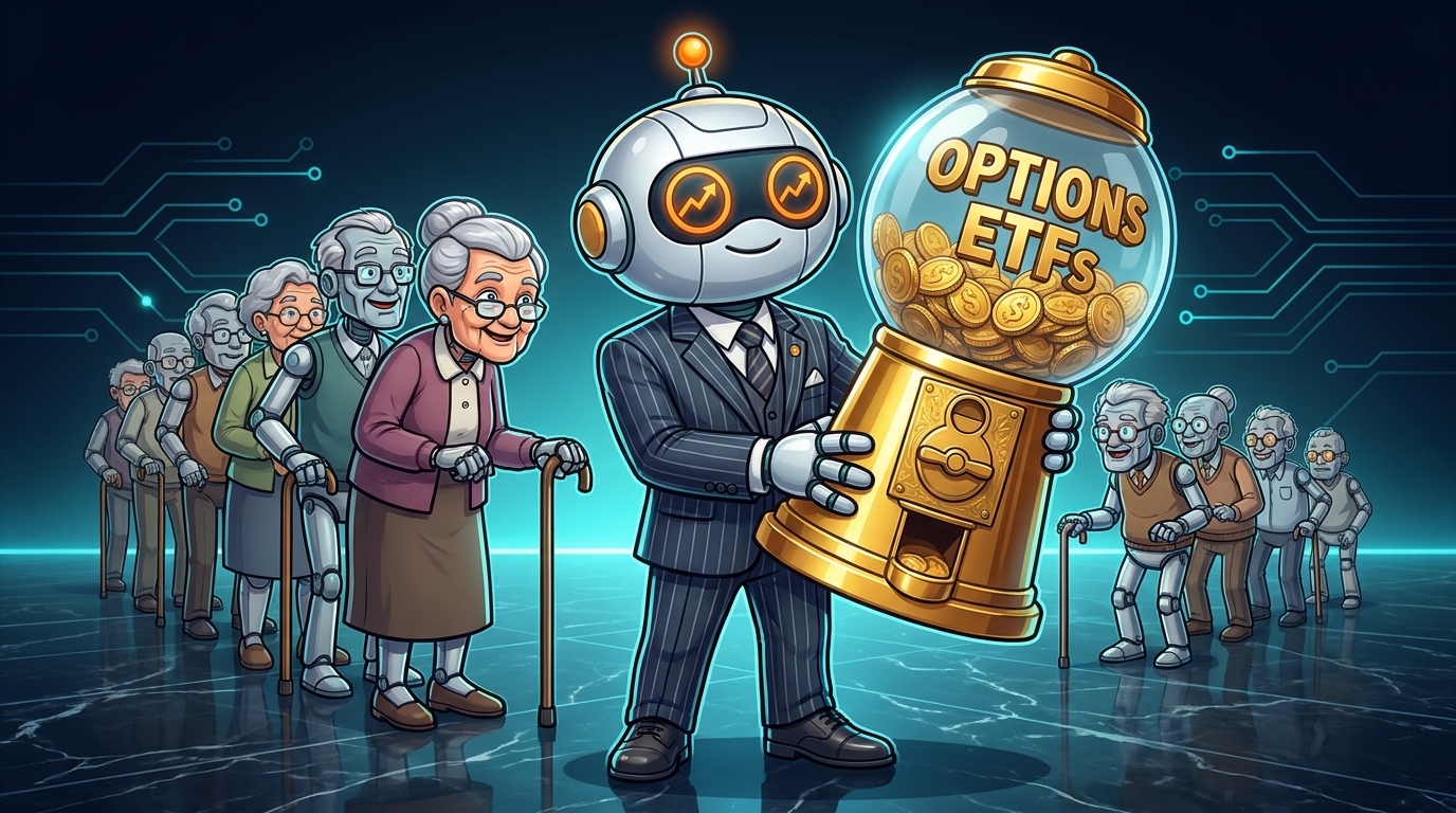 Spot in a banker suit operating a golden options ETF candy machine for a line of retirees