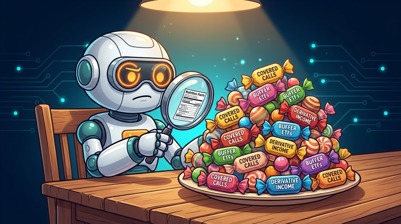 Spot reading the nutrition label on a plate of options ETF candy at a kitchen table