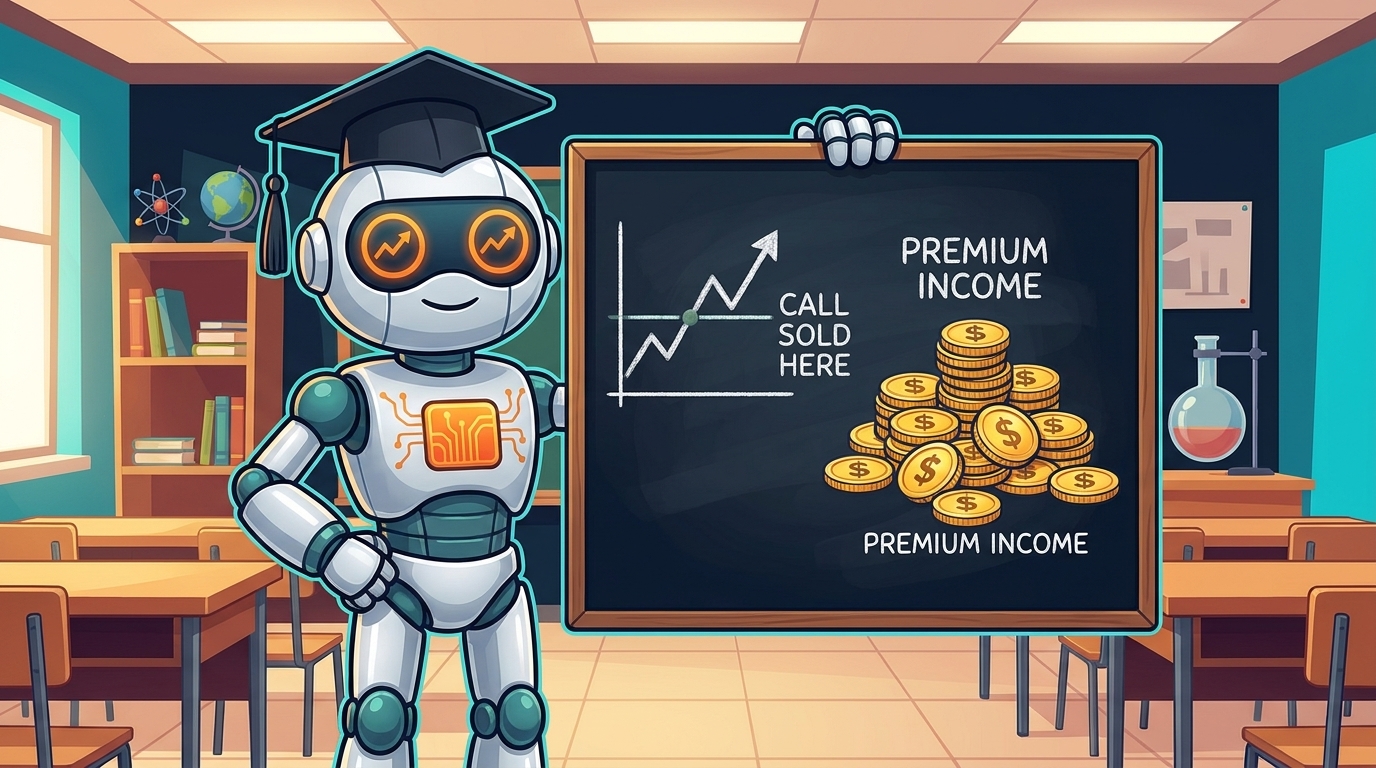Spot as a professor explaining the covered call ceiling and premium income on a chalkboard