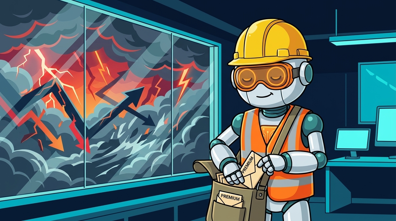 Spot in a hard hat calmly collecting options premiums while markets are stormy outside