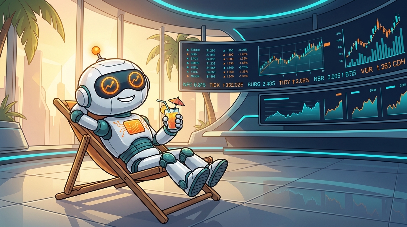 Spot relaxing on a beach chair on the trading floor, calm and slightly too comfortable