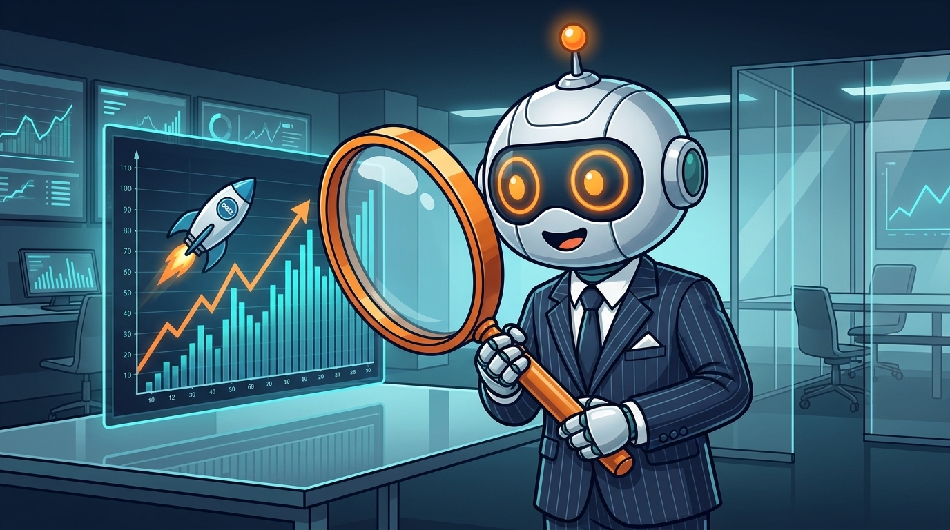Spot in a pinstripe suit examining Dell's rocket-ship chart