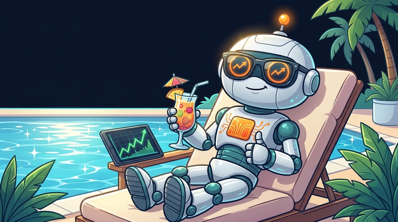 Spot lounging poolside with a tropical drink and a green chart on his tablet