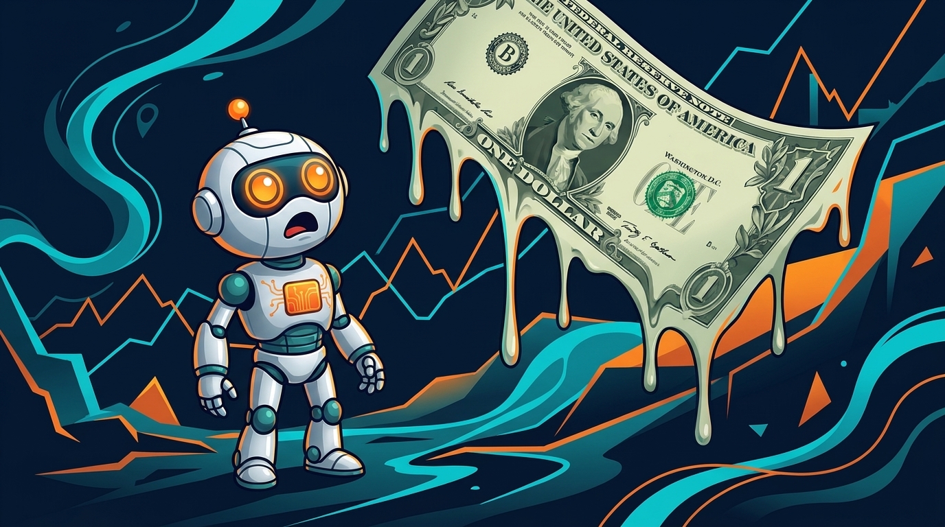 Spot staring up at a giant melting dollar bill in disbelief