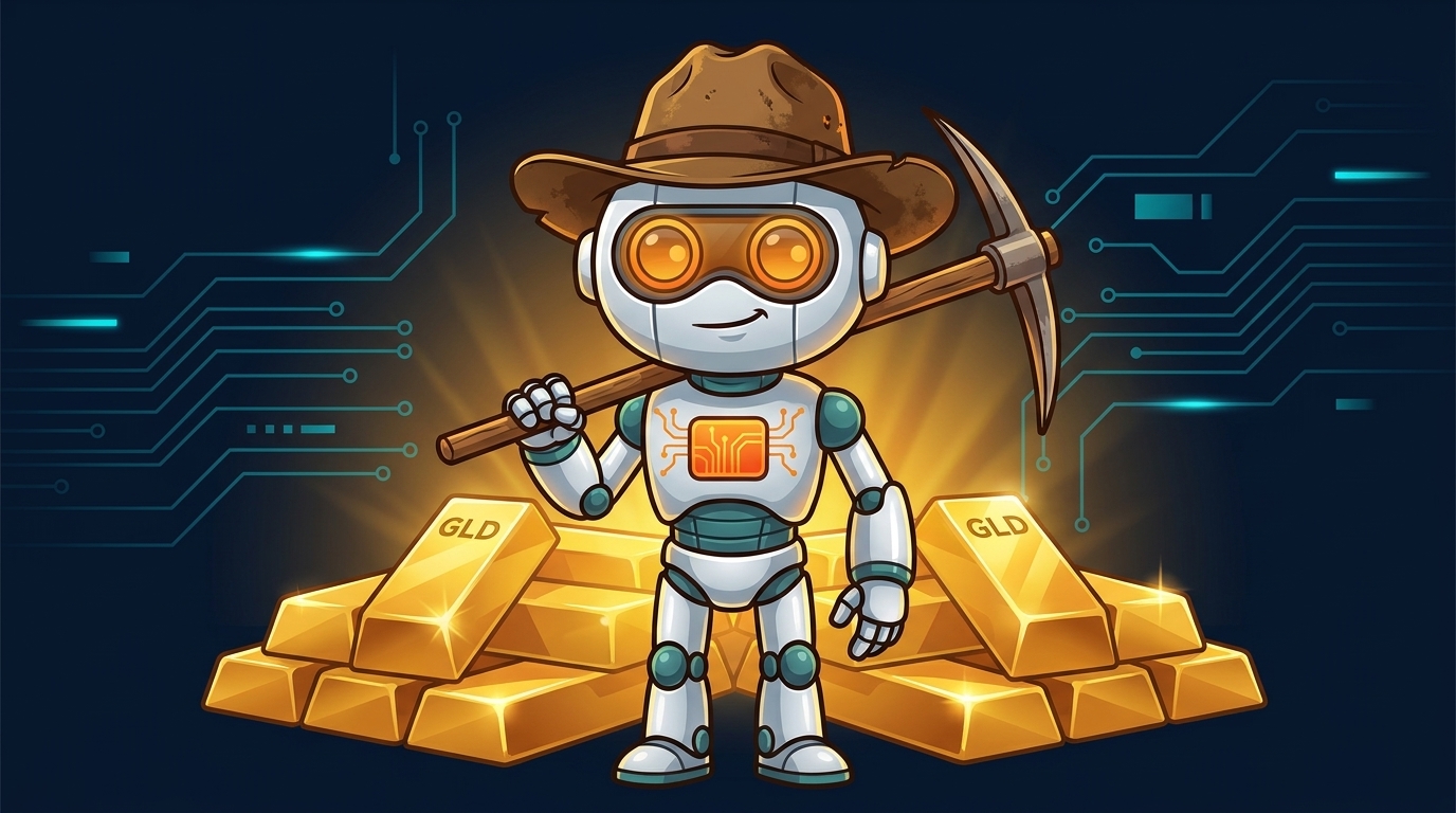 Spot dressed as a gold prospector next to a pile of GLD bars