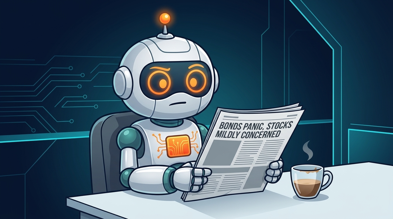 Spot at his desk reading about the bond panic with a mild raised eyebrow