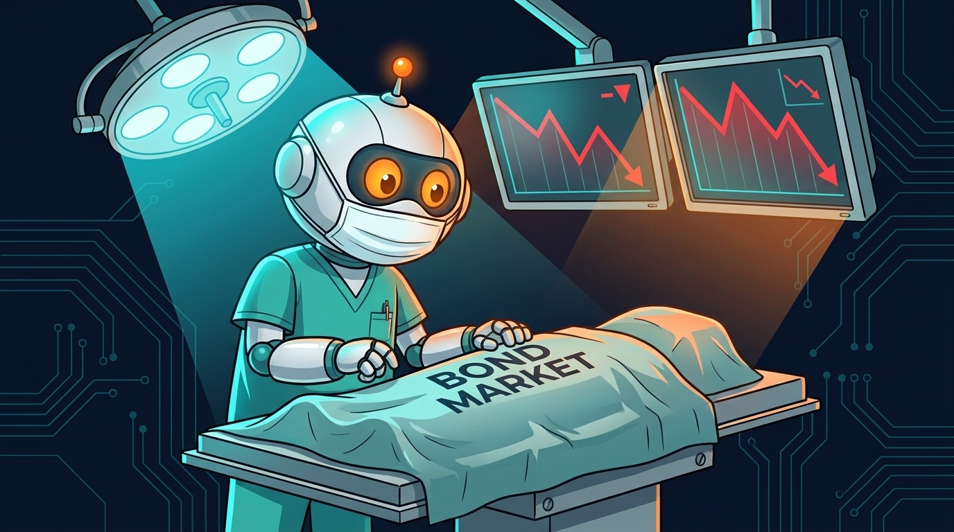 Spot as a surgeon operating on the bond market with two red monitors in the background