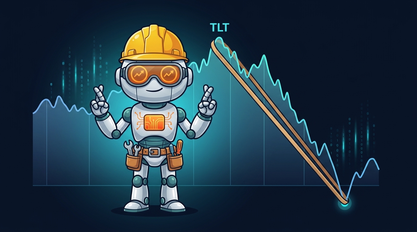 Spot in a hard hat next to a stretched rubber band wrapped around a TLT chart