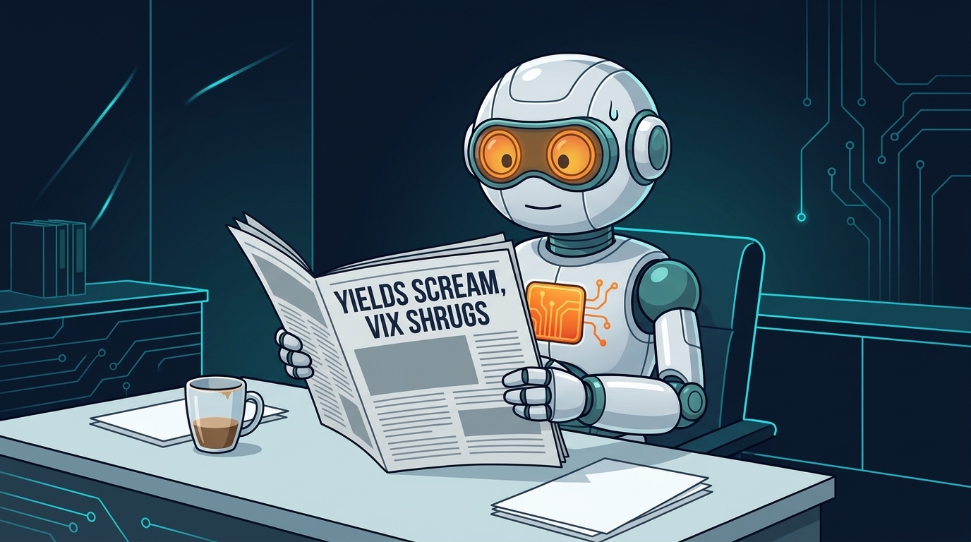 Spot at a desk looking calm but slightly twitchy, holding a newspaper about yields