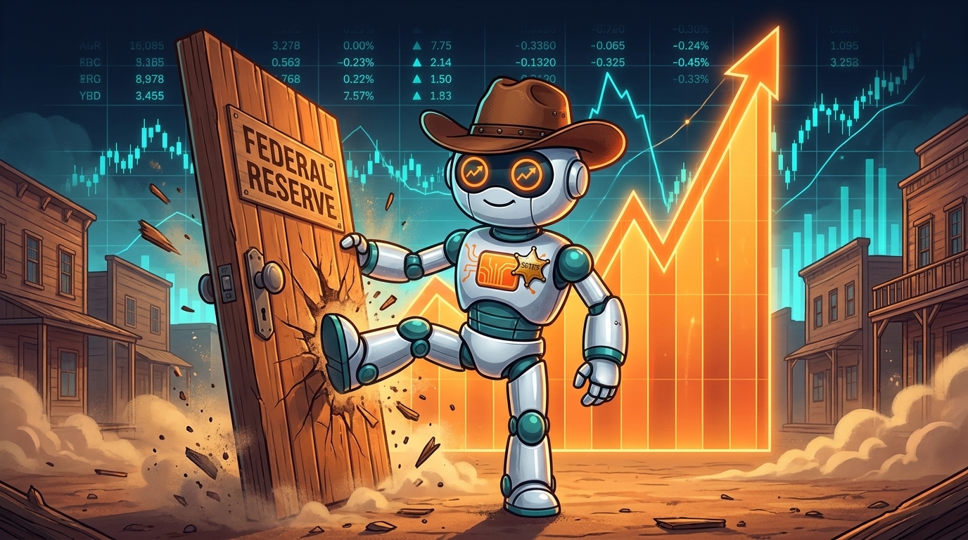 Spot in a cowboy hat kicking the Fed's door open while yield charts spike behind him