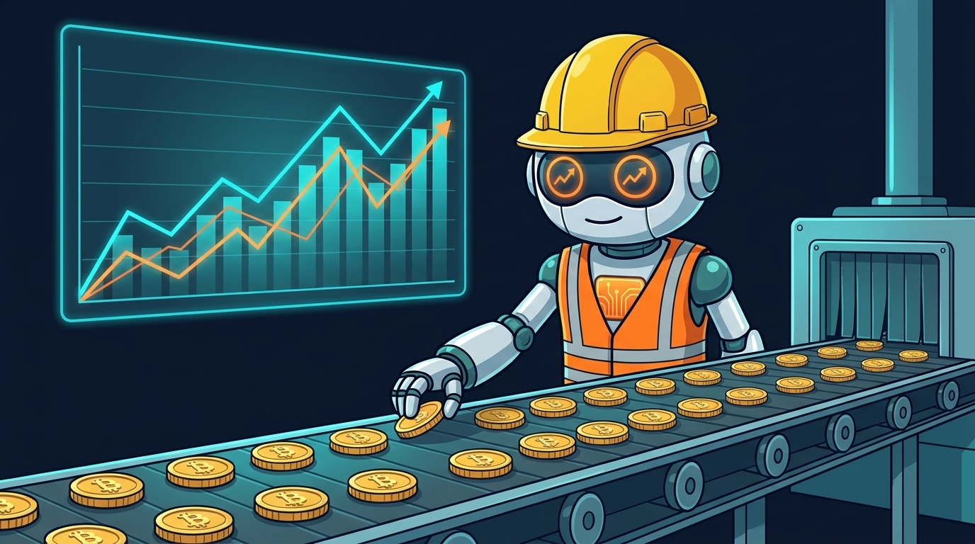 Spot in a hard hat placing gold coins on a conveyor belt one at a time