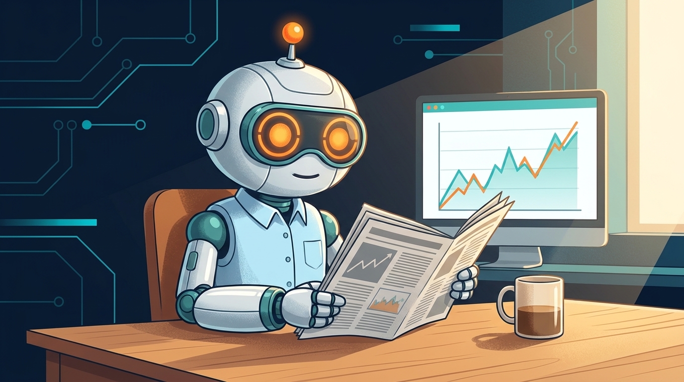 Spot reading a newspaper at a calm desk with a mild chart on the screen