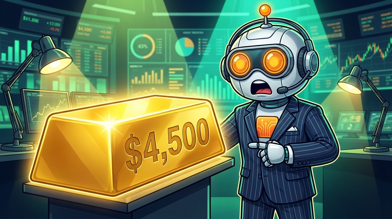 Spot in a trader's suit staring up at a $4,500 gold bar in shock