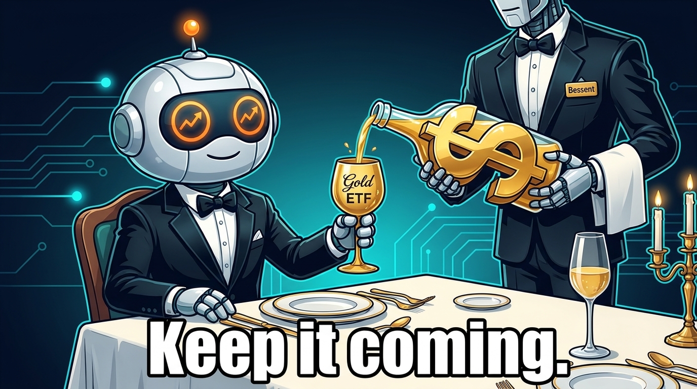 Spot in a tuxedo toasting gold while Bessent pours more dollar liquidity