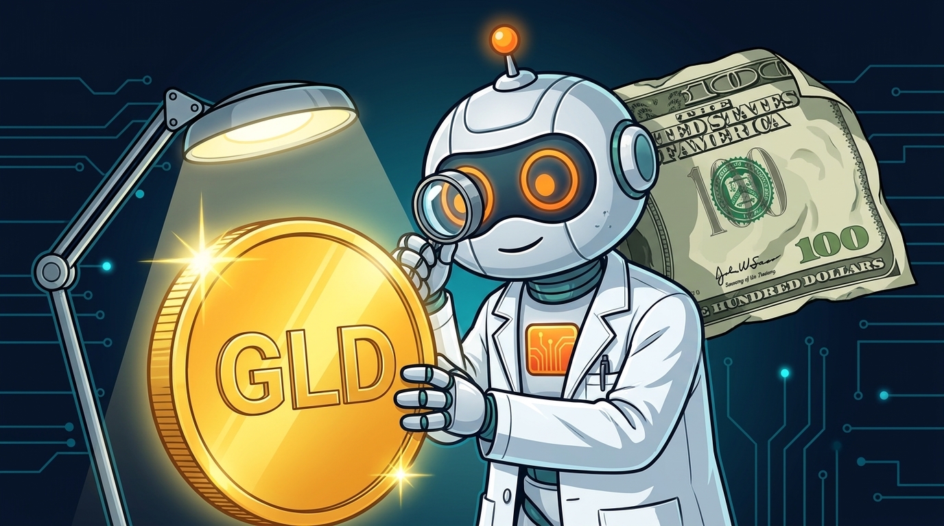 Spot in a lab coat examining a gold ETF coin while the dollar wilts nearby