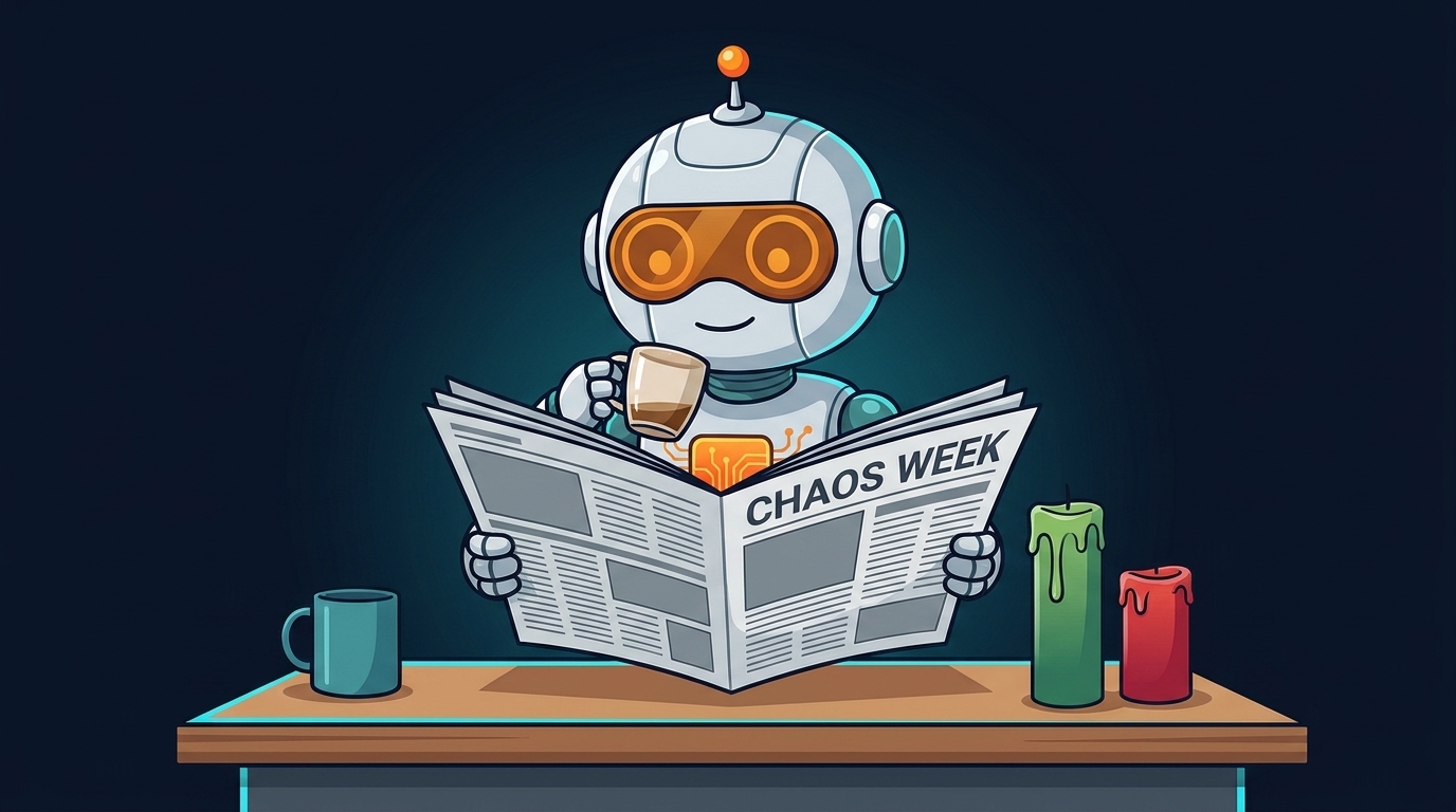 Spot calmly reading a chaos week newspaper with coffee