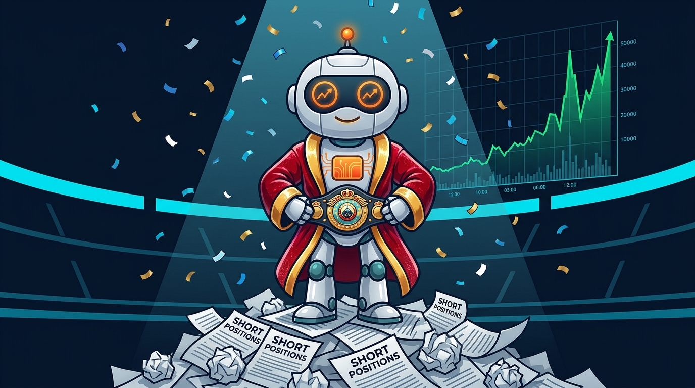 Spot the robot champion standing over liquidated bitcoin short positions