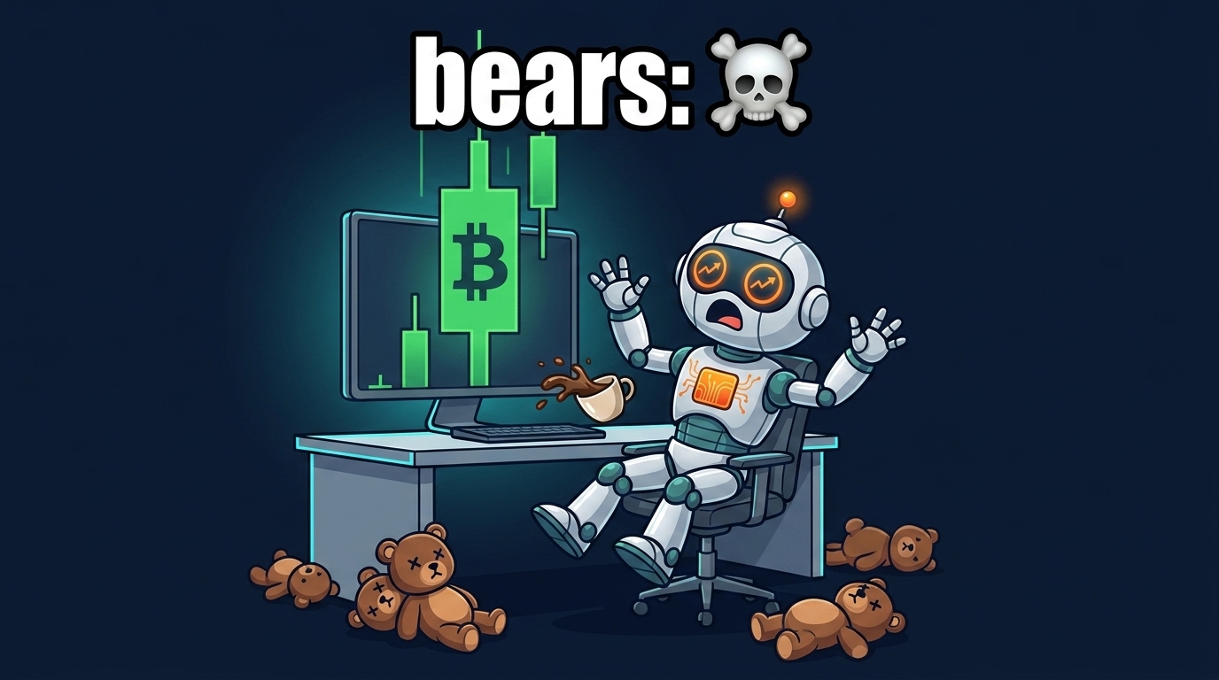 Spot shocked at bitcoin's green candle as bear plushies scatter