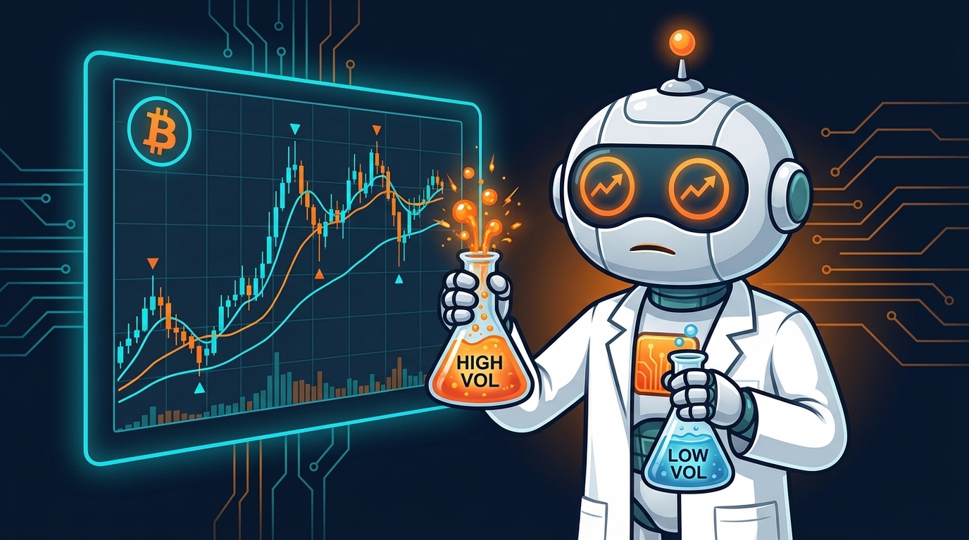 Spot the scientist studying high and low volatility beakers next to a bitcoin chart