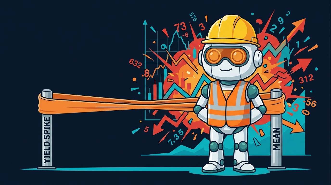 Spot in a hard hat standing next to a stretched rubber band between yield spike and mean