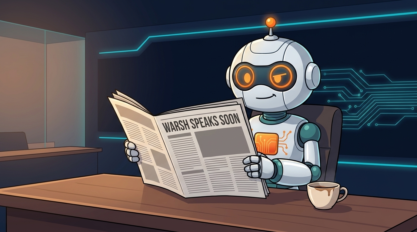 Spot calmly reading a newspaper about Warsh, one eyebrow raised