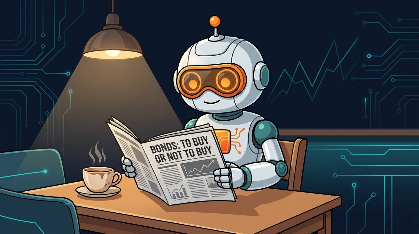 Spot calmly reading a bond market newspaper at a coffee shop, neutral mood