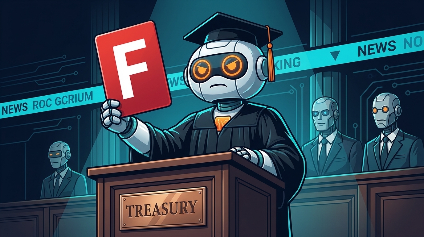 Spot in a judge's graduation gown holding an F grade between two figures at a Treasury podium