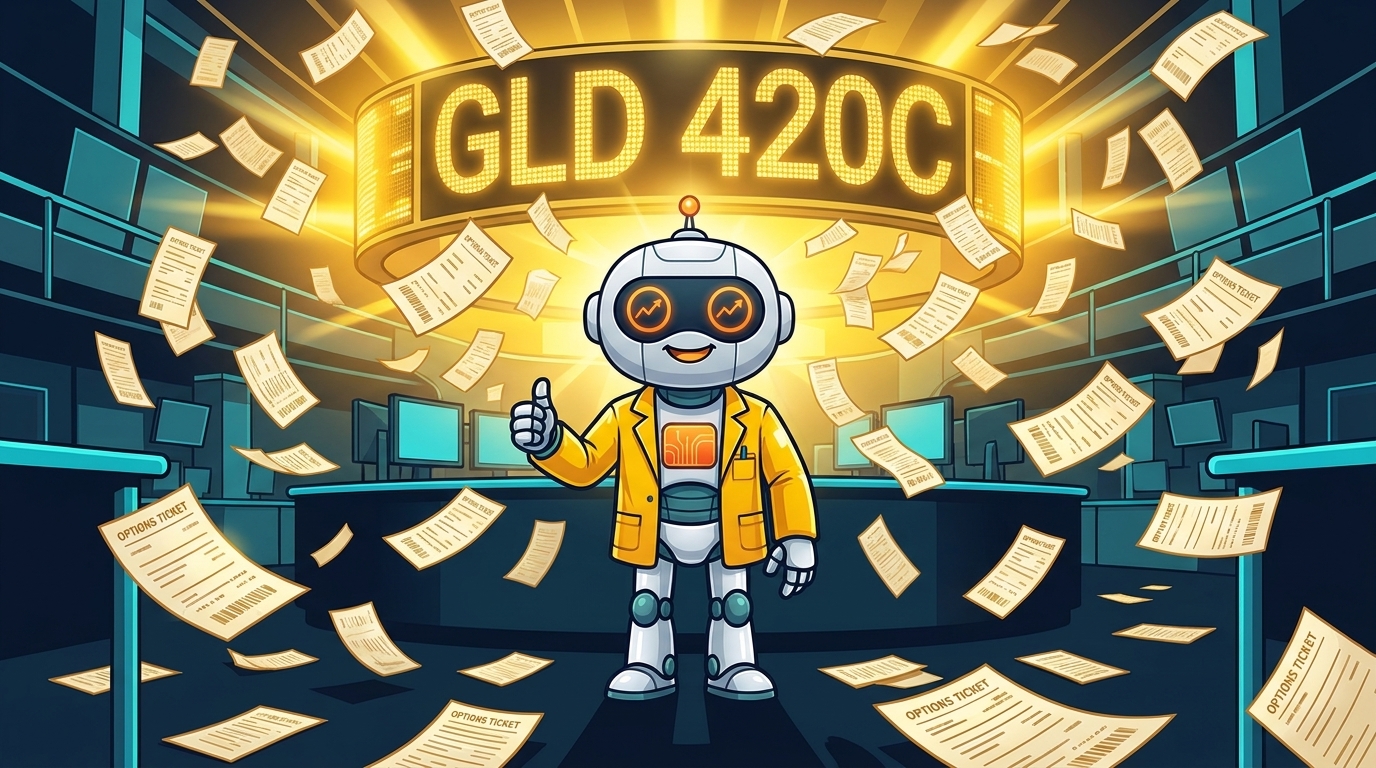 Spot in a yellow trader jacket surrounded by 116,000 flying GLD options tickets