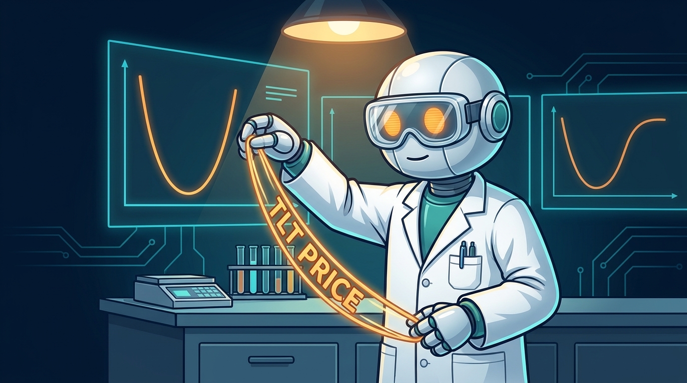 Spot in a lab coat studying a stretched rubber band labeled TLT Price about to snap back