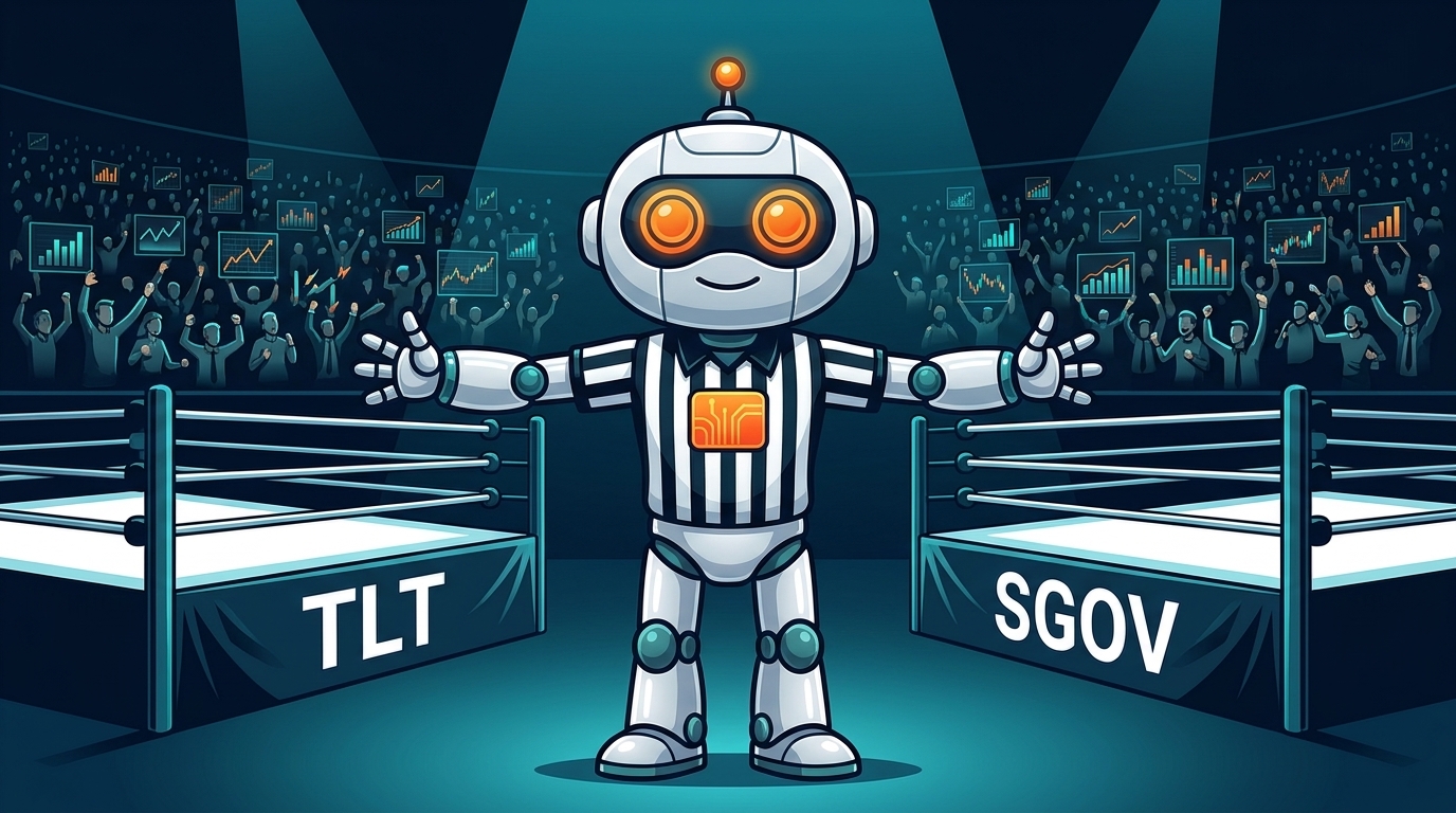 Spot as referee separating TLT and short-term Treasury ETF in a wrestling arena