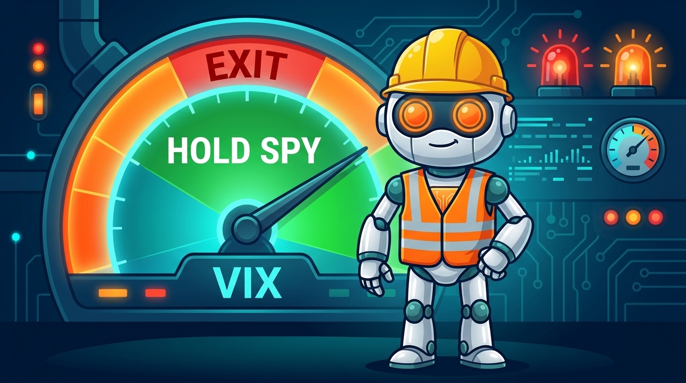 Spot in a hard hat standing next to a giant VIX meter with green and red zones