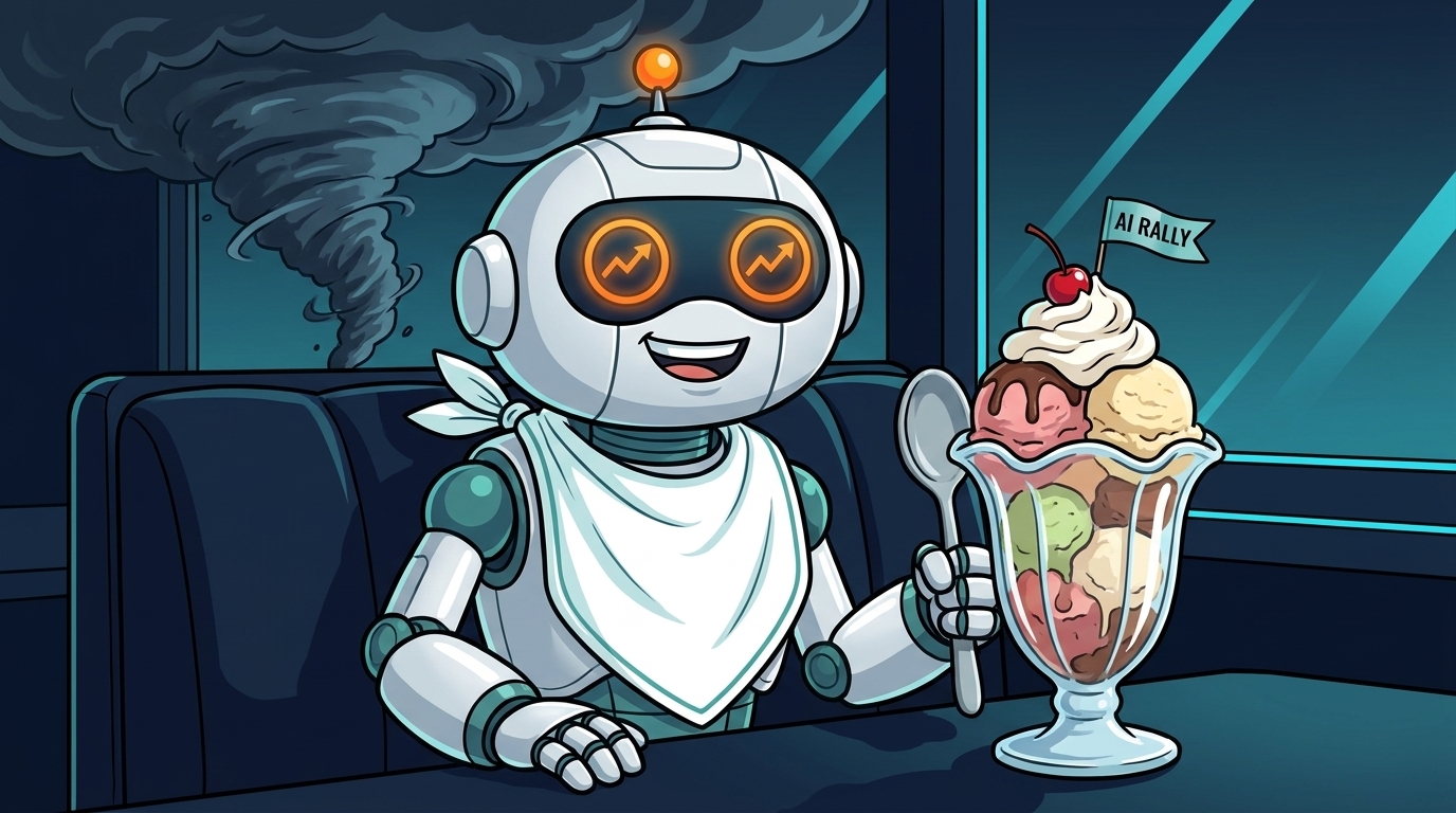 Spot eating an AI rally sundae while a small storm cloud brews outside the window