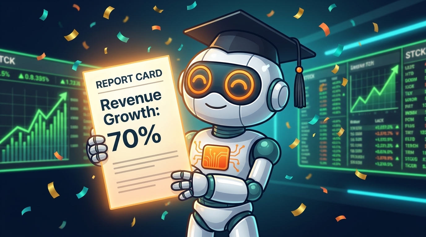 Spot celebrating Nvidia's blowout earnings report with a graduation cap and a glowing green report card