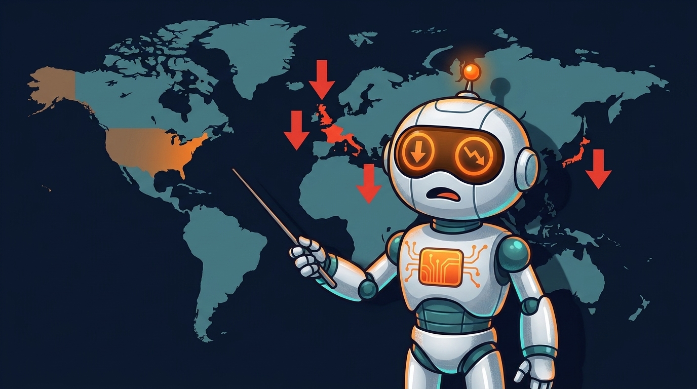 Spot pointing at a world map showing bond market selloffs in France, Italy, the UK, and Japan