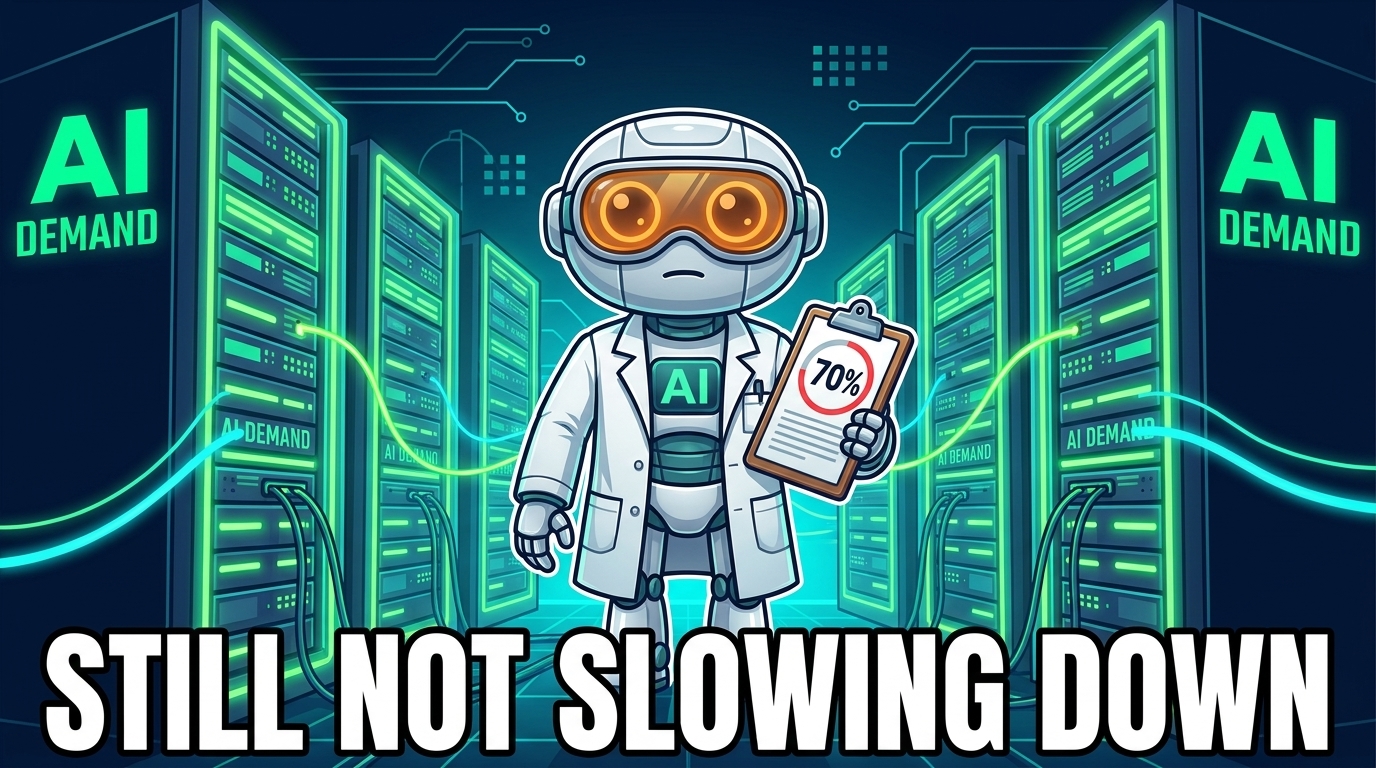 Spot in a lab coat reacting to Nvidia's 70% growth forecast surrounded by AI server racks