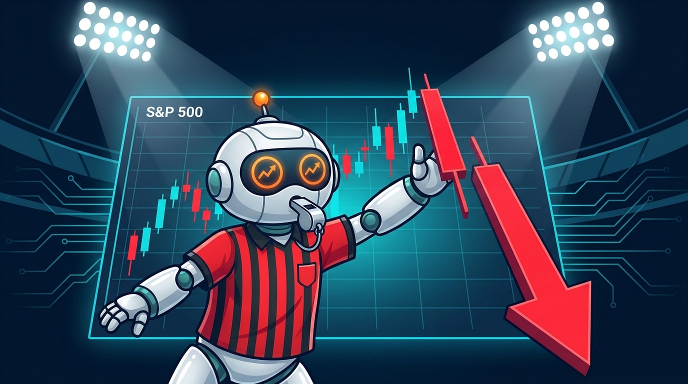 Spot in a referee jersey blocking a giant red candle on a stock chart like a goalie