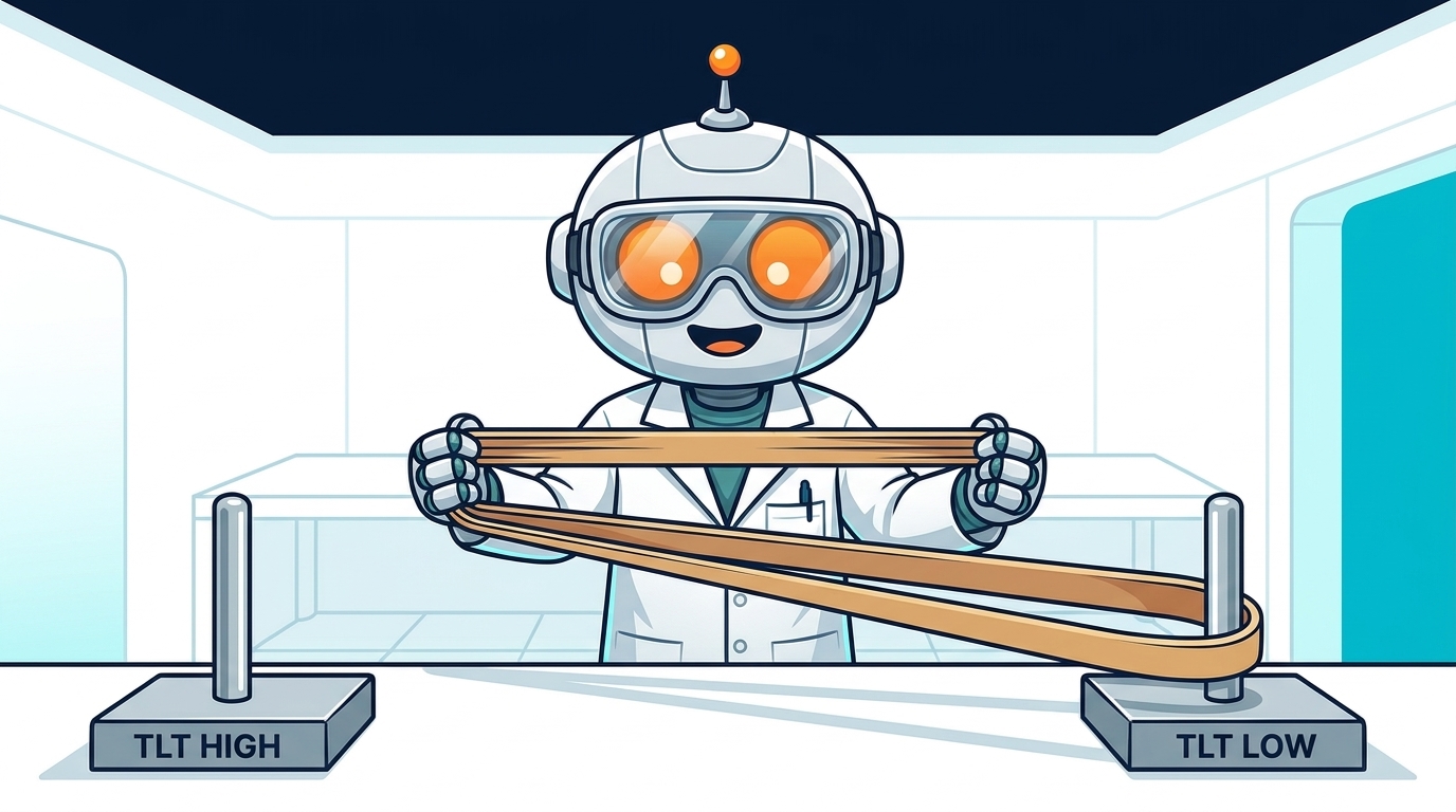 Spot in a lab coat demonstrating the TLT mean reversion rubber band concept