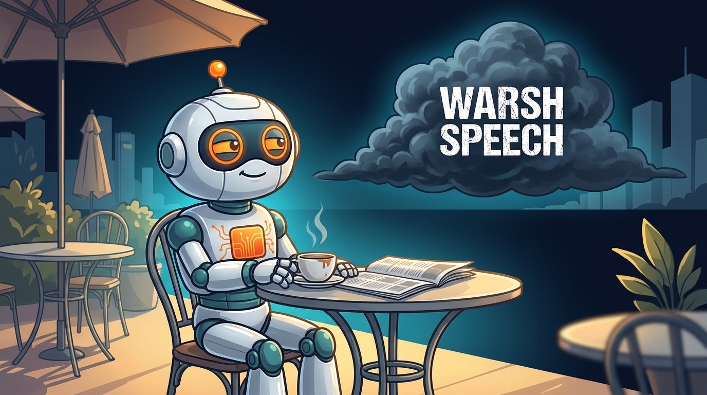 Spot relaxing at a cafe but eyeing an incoming storm cloud labeled Warsh Speech