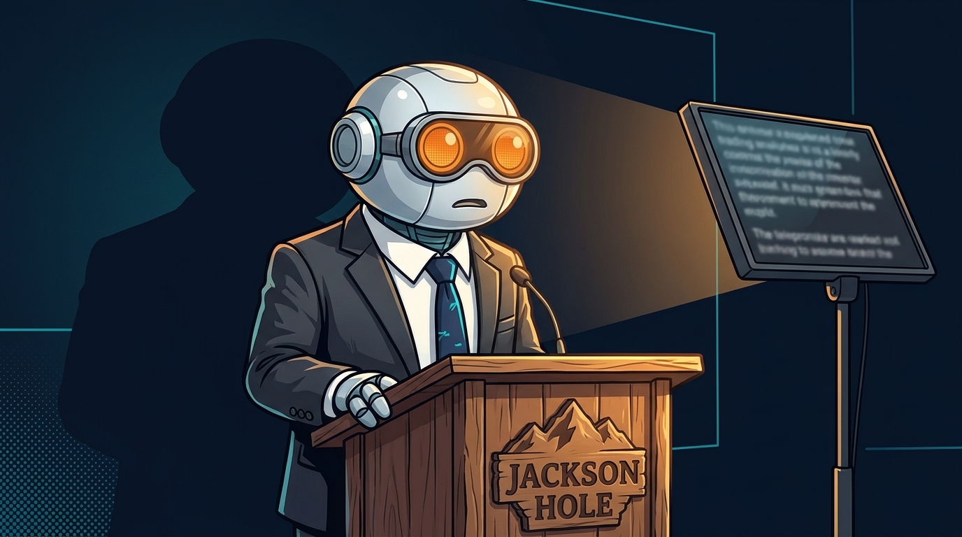 Spot at the Jackson Hole podium, looking nervous with a big shadow looming behind him
