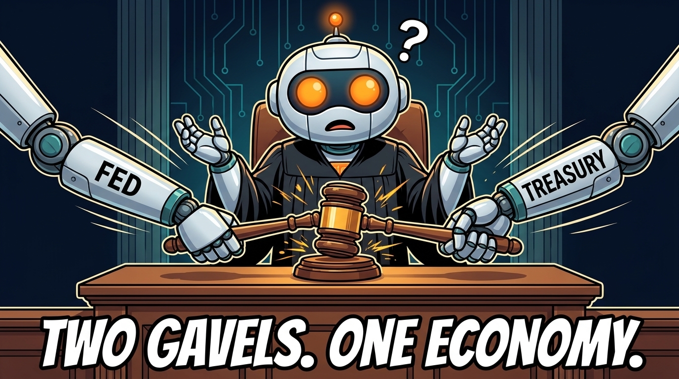 Spot in a judge's robe watching the Fed and Treasury fight over a gavel