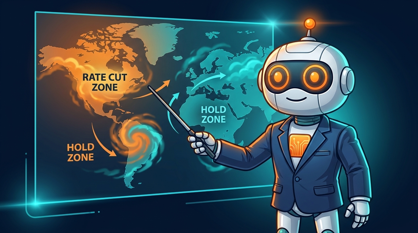 Spot as a TV meteorologist pointing at a rate-decision weather map