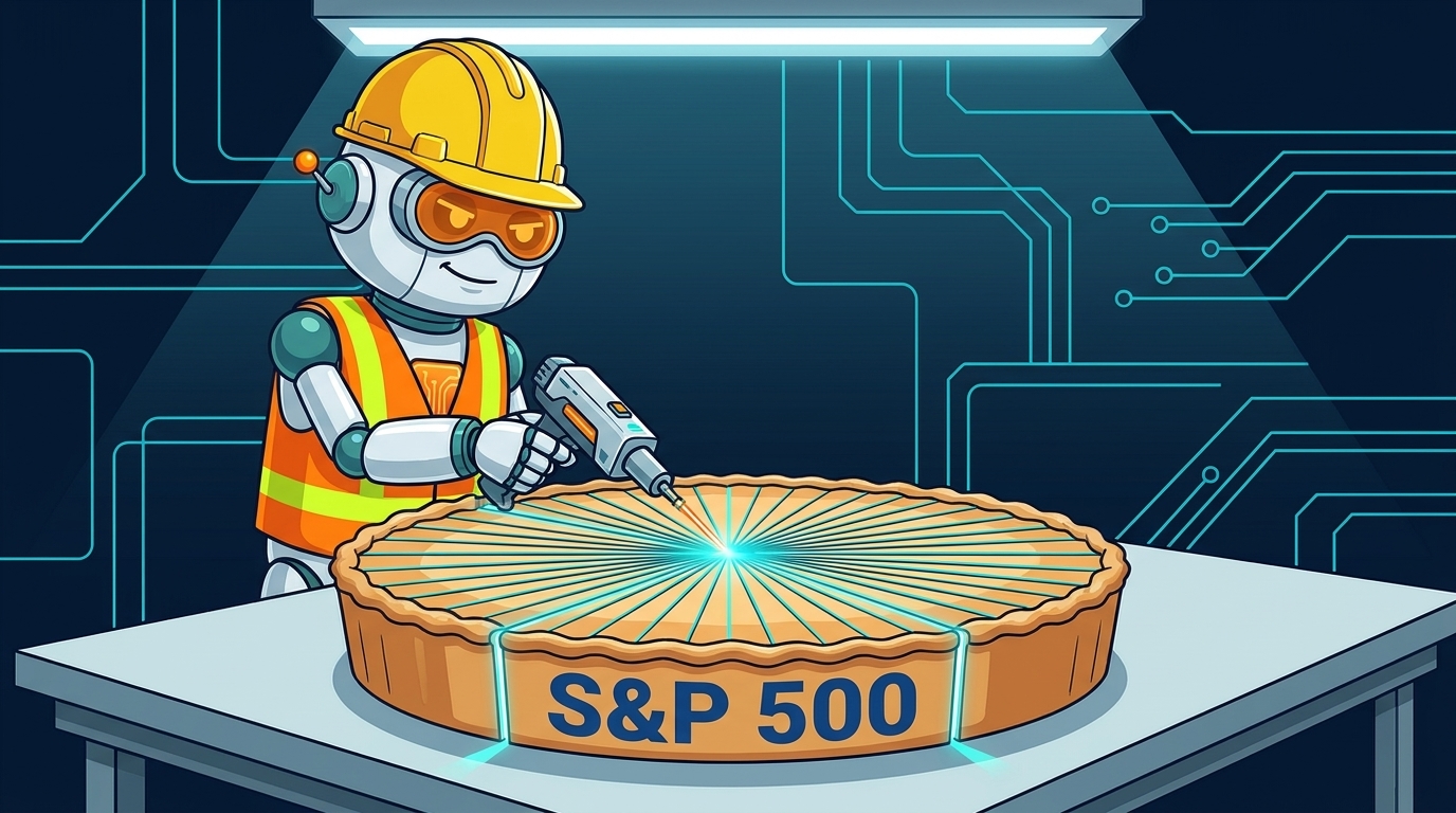 Spot in a hard hat slicing the S&P 500 pie into 500 perfectly equal pieces